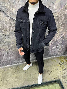 Джинсова куртка чоловіча чорна весна-осінь тепла з хутром та кишенями на грудях без капюшона Total Good