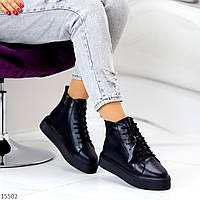 Женские зимние ботинки хайтопы черные на платформе, натуральная кожа