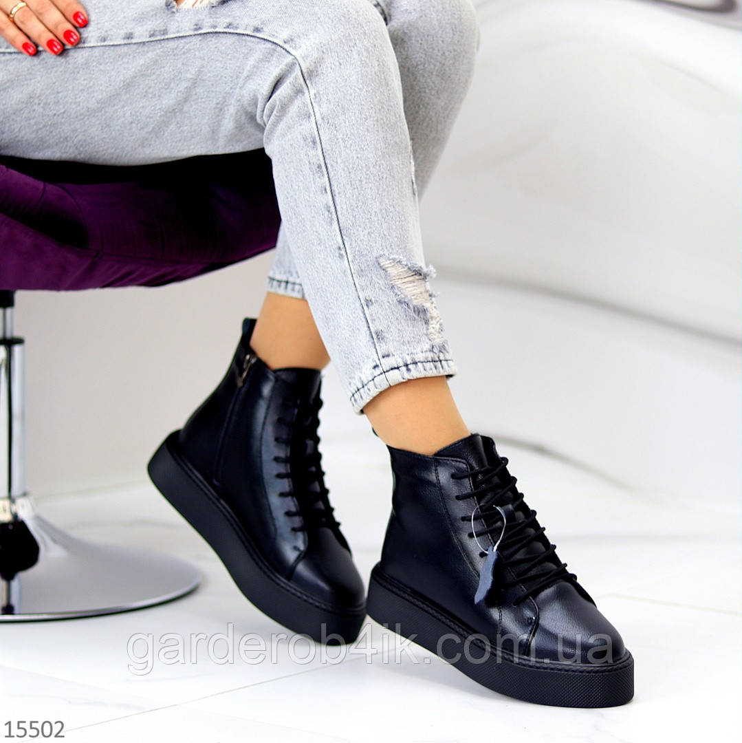 Женские зимние ботинки хайтопы черные на платформе, натуральная кожа - фото 1 - id-p1686321326