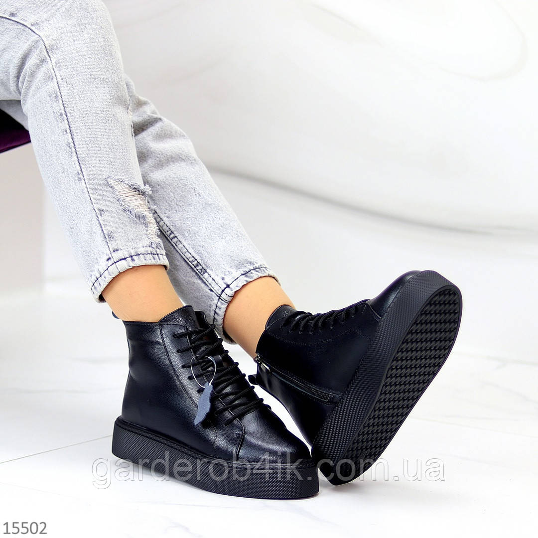 Женские зимние ботинки хайтопы черные на платформе, натуральная кожа - фото 2 - id-p1686321326
