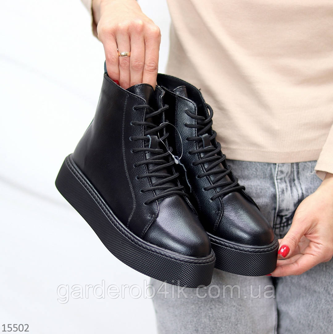 Женские зимние ботинки хайтопы черные на платформе, натуральная кожа - фото 4 - id-p1686321326