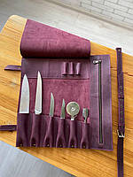Кожаная скрутка чехол для поварских ножей инструментов (на 6 ножей) бордо