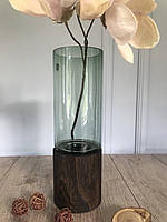 Ваза скляна з деревом Olens "Wood" 31 см 1,5 л прозоре зелене скло з дерев'яним дном