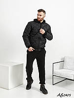 Практичный мужской зимний спортивный костюм тройка стеганый бомбер, толстовка и брюки черный+черный