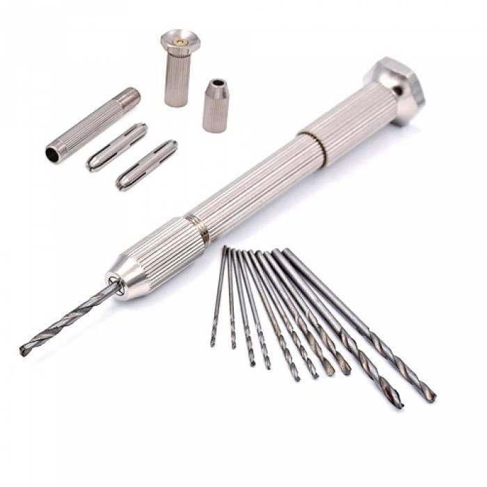 Ручна міні дриль, 2 двосторонні цанги, 10 свердел