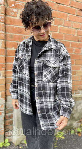 Рубашка женская байковая теплая в клетку черно белая, цена 520 грн ...