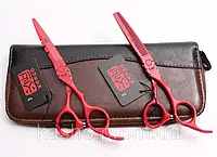 Профессиональные дизайнерские ножницы размер 5.5 Kasho Япония прямые и филировочные красные в пенале