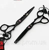 Профессиональные парикмахерские ножницы Kasho для стрижки волос 5.5 черные с розовым кристаллом эргономичные