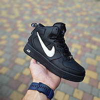 Теплые зимние кожаные Кроссовки на меху Nike Air Force Чёрные с белым высокие Женские зимние кроссовки найк
