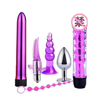 Набір секс-іграшок для дорослих 6 в 1 вібратор, анальна пробка,віброязичок, анальний ланцюжок фіолетовий