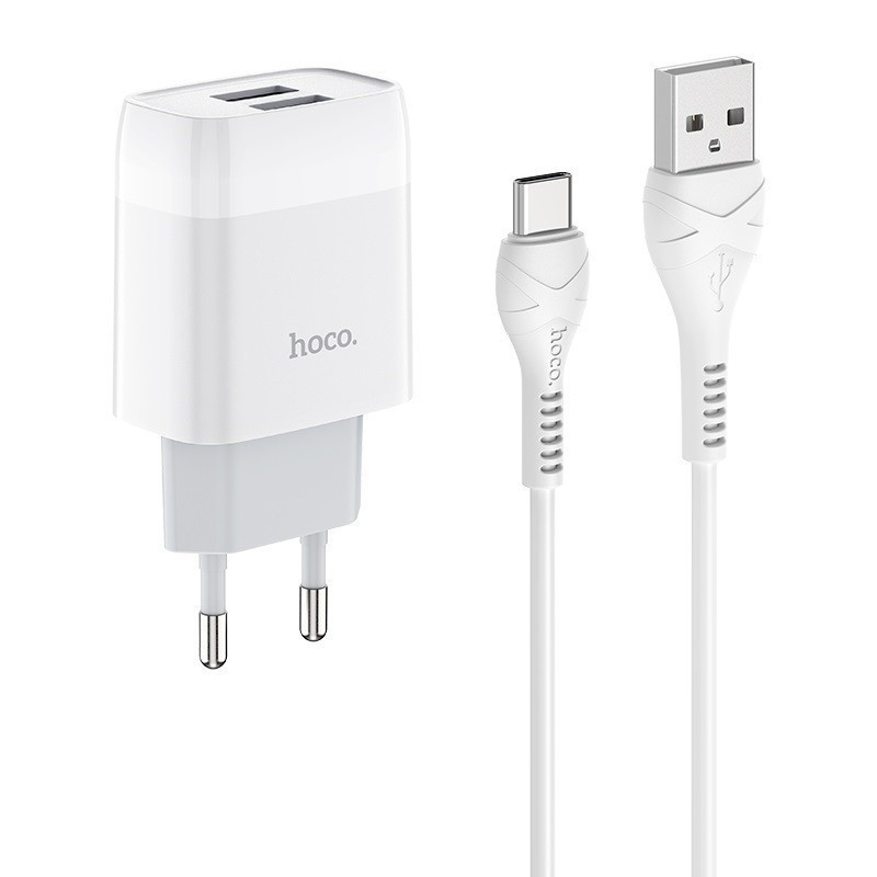 Сетевое зарядное устройство зарядка Hoco C73A Glorious 2USB 2.4A адаптер с кабелем Type-C White