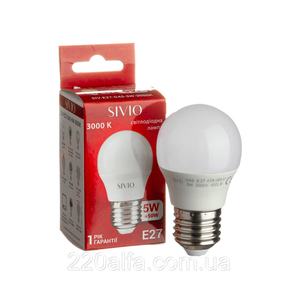 LED лампа Е27 G45 5W теплая белая 3000К SIVIO