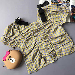 Блузка топ в клітинку з чорним бантом Бузковий 8805, 30, Бузковий, Дівчинка, Літо, 7, 4 роки