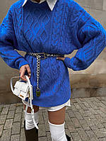 Теплое платье туника с узорной вязкой свободного фасона длиной выше колен (р. 42-46) 77py4290 Синий