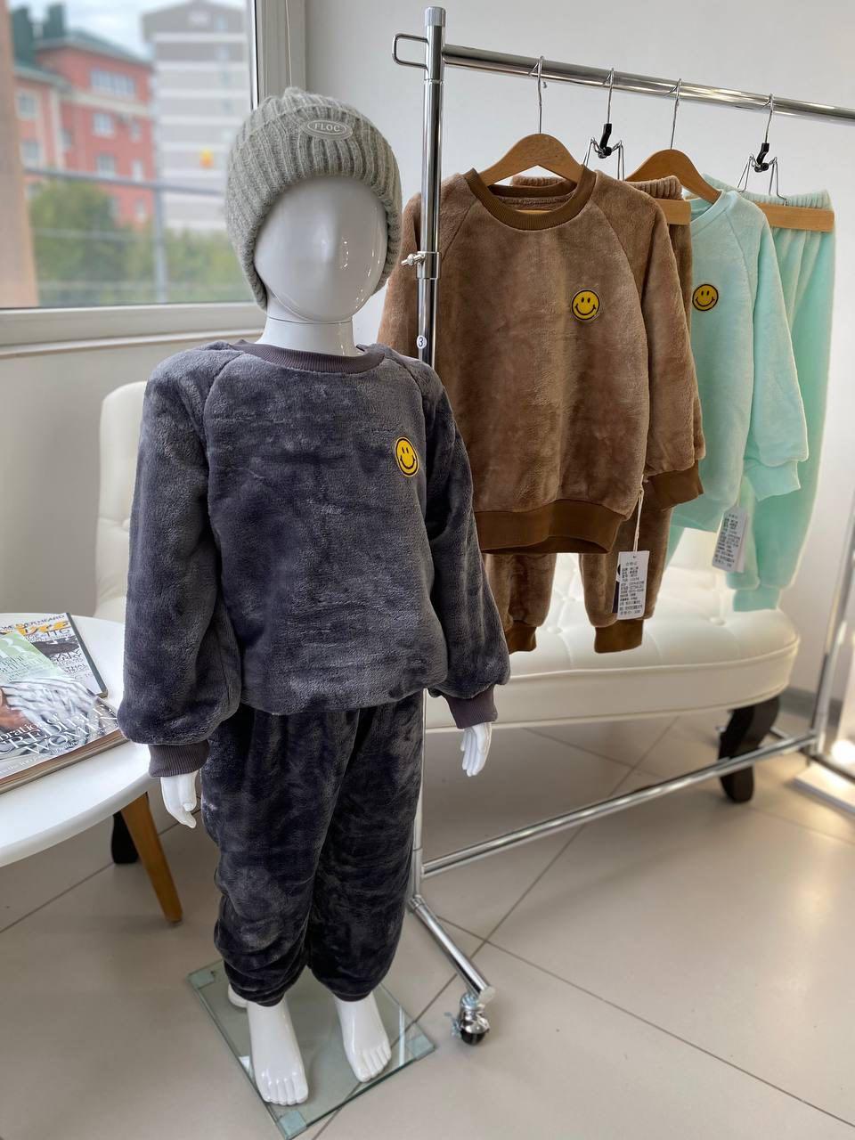 Тепла дитяча махрова піжама "Смайл" Сіра 8851 Cotton Jiangnan, Серый, Унисекс, Осень Зима, 110 , 5 лет, 144