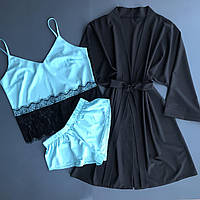 Комплект трійка, піжама з мереживом і жіночий халат.