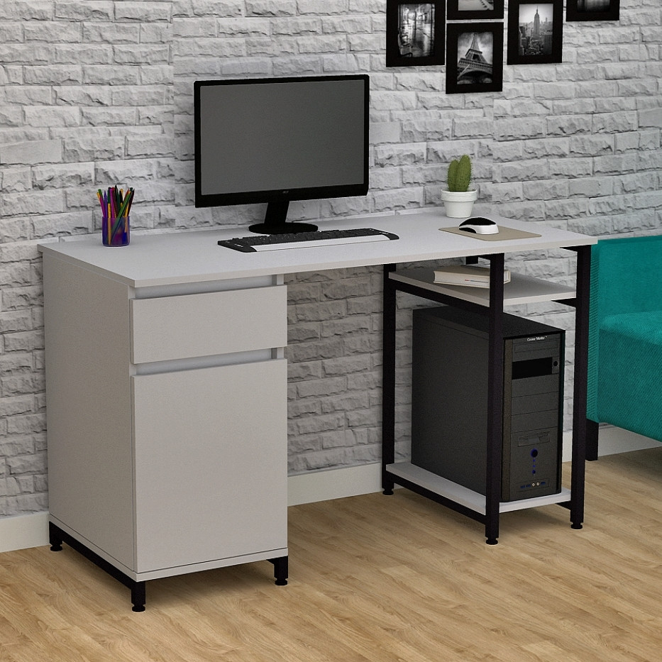Прямой серый в стиле лофт компьютерный стол для ПК с полкой для системного блока и тумбой 140 см СКЛ-5 - фото 1 - id-p1686988500
