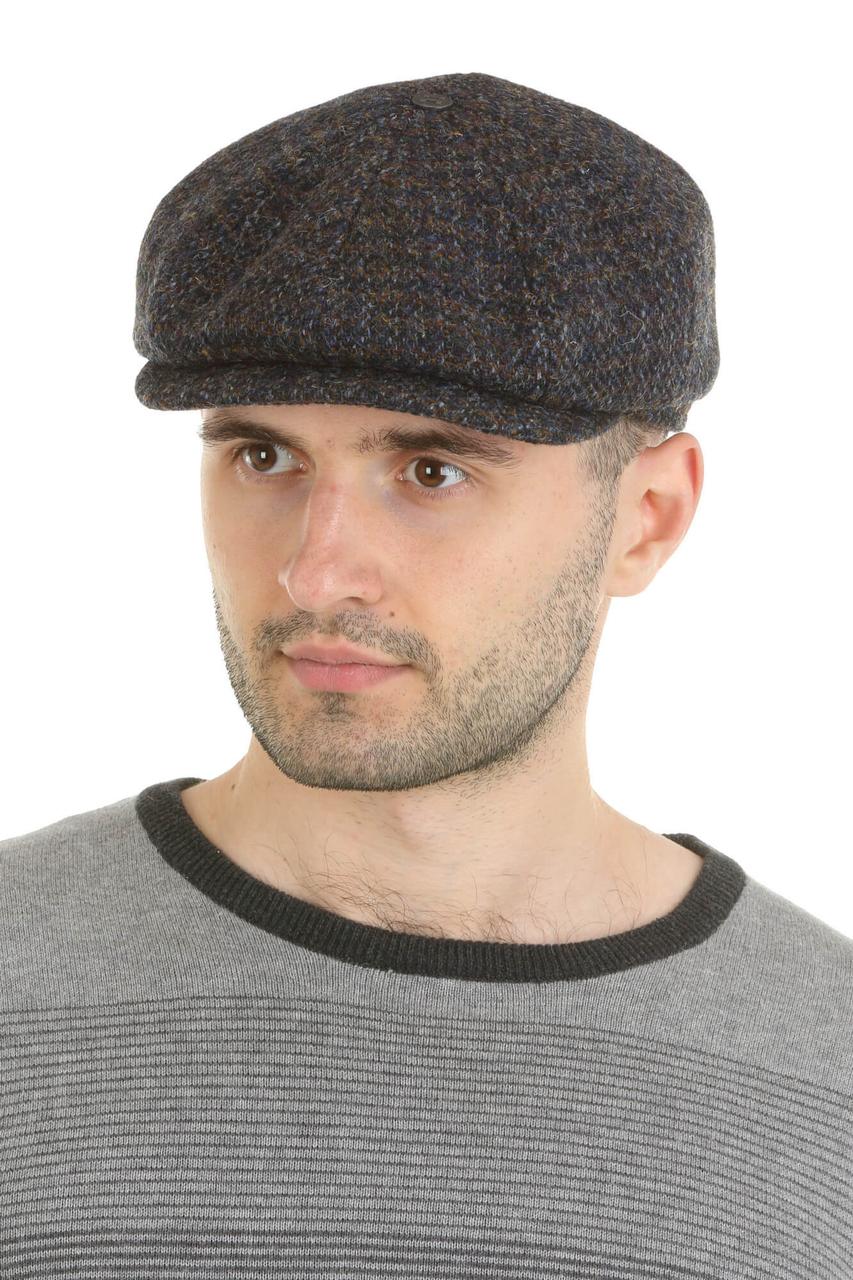 Кепка чоловіча восьмиклинка синя з коричневою з вовни Harris Tweed