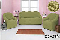 Чехол на диван и два кресла без оборки, натяжной, жатка-креш, универсальный Concordia оливковый