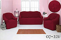 Чехол на диван и два кресла без оборки, натяжной, жатка-креш, универсальный Concordia бордовый