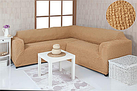 Чехол на угловой диван без оборки, натяжной, жатка-креш, универсальный, Concordia персиковый беж