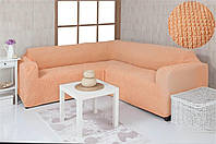 Чохол на кутовий диван без оборки, натяжний, жатка-креш, універсальний, персиковий Concordia