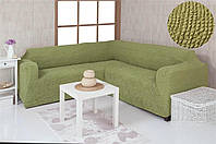 Чехол на угловой диван без оборки, натяжной, жатка-креш, универсальный, Concordia оливковый