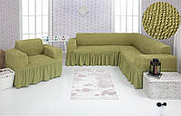 Чехол на угловой диван и кресло с оборкой, натяжной, жатка-креш, универсальный Concordia, оливковый