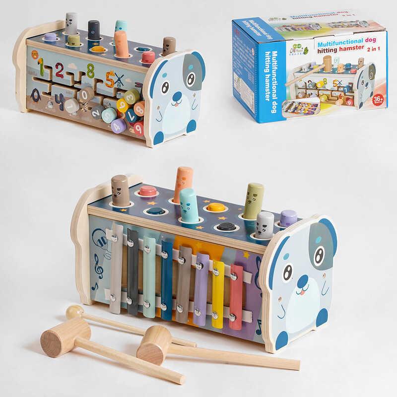 Дерев`яна логічна гра С 51364 (24) "Собачка", стукачка, пальчиковий лабіринт, ксилофон, в коробці, фото 1