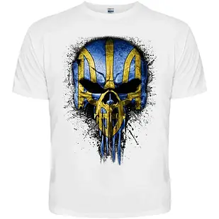 Футболка Череп (Punisher) із Тризубом (жовто блакитний, біла футболка)