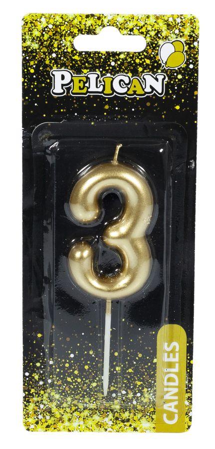 Свічка для торта Pelican "3" ЗОЛОТО 6 см 866013 KNZ