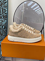 Женские бежевые коричневые замшевые зимние кроссовки с мехом Louis Vuitton Time Out Луи Виттон Луи Витон