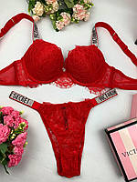 Комплект женского белья Victoria`s Secret стразы Виктория Сикрет - Кружева - 80C(36C) - Красный