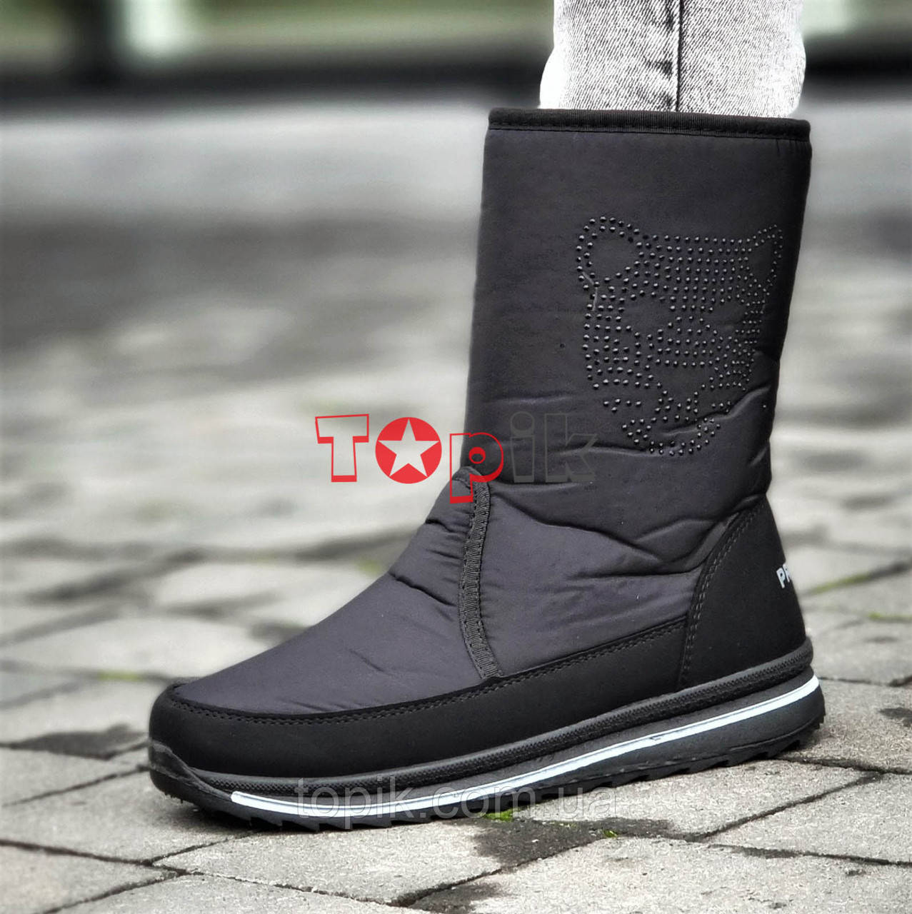 Дутіки жіночі чорні зимові чоботи на широку ногу Дутики женские черные зимние сапоги на широкую ногу (Код: 3053)