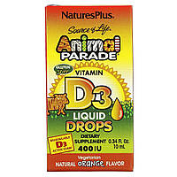 Витамин D3 400 МЕ для Детей, Вкус апельсина, Animal Parade, Vitamin D3 Liquid Drops, Natures Plus, 10 мл капли