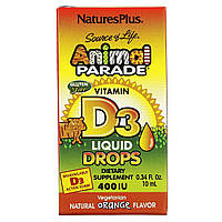 Вітамін D3 400 МО для дітей, Смак апельсина, Animal Parade, Vitamin D3 Liquid Drops, Natures Plus, 10 мл краплі