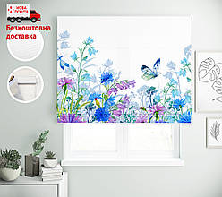 Римські штори з друком Метелик блакитні квіти | римські штори з малюнком в спальню