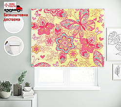 Римські штори з малюнком Рожеві метелики жовтий фон | римські штори з принтом