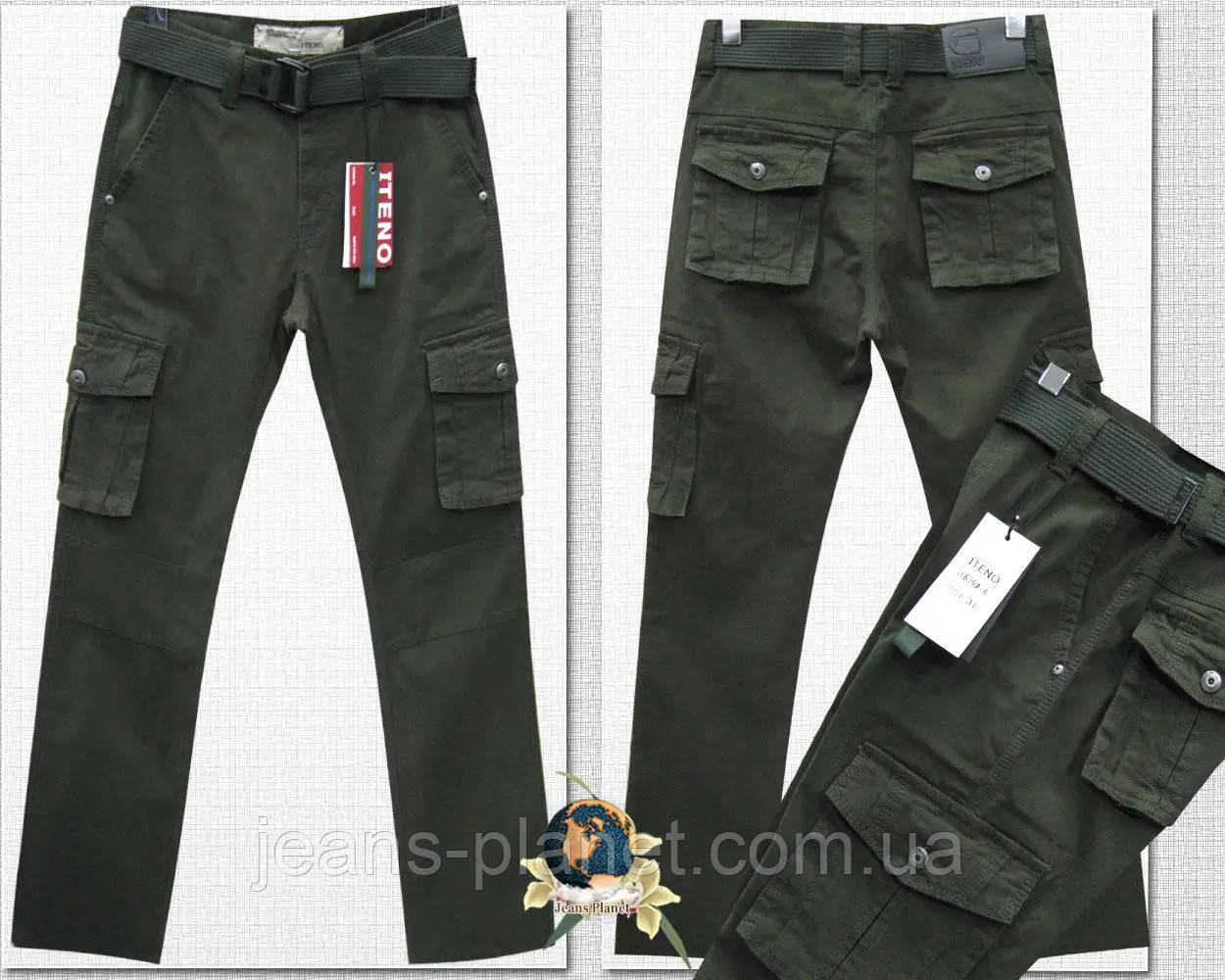 Чоловічі карго ITENO-TOPHERO оригінал прямі з кишенями колір темний хакі, фото 1