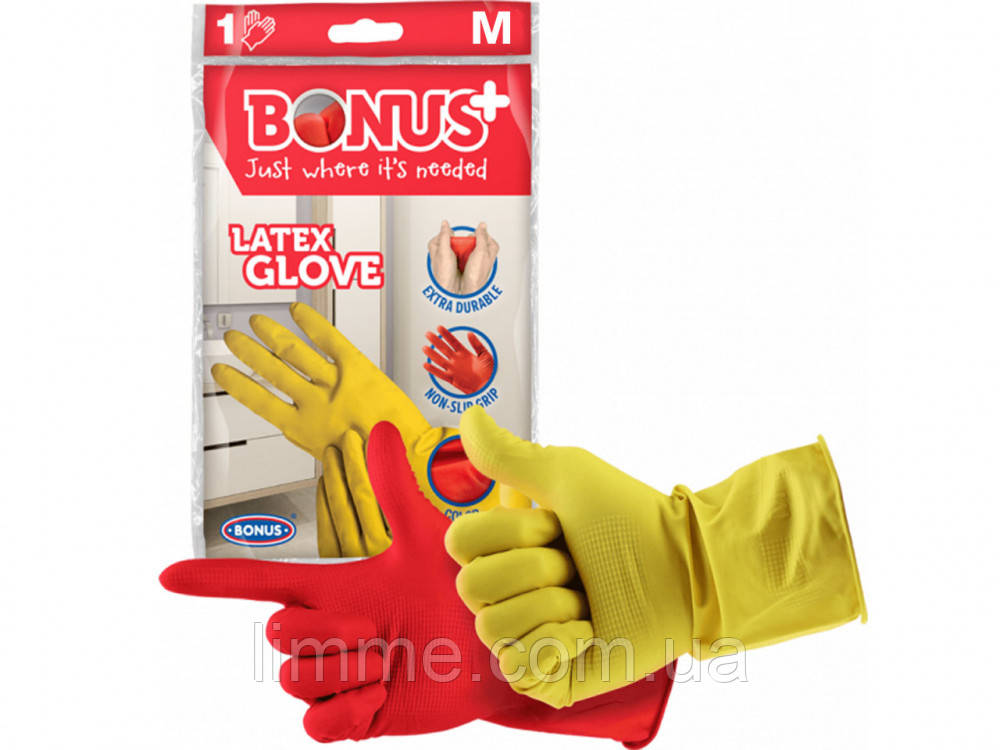 Рукавички латексні гумові для господарських робіт BONUS+ latex glove (розмір M)