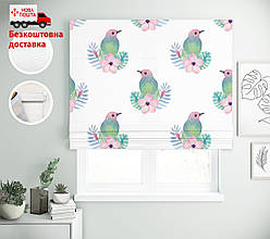 Римські штори з малюнком Зелені птахи рожеві квіти | римські штори з принтом