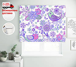 Римські штори з малюнком Пташки та Квітки петриківські фіолетові | римські штори з принтом