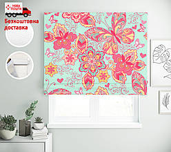 Римські штори з малюнком Кольорові метелики, квіти, листя бірюзовий фон | римські штори з принтом