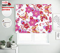 Римские шторы с рисунком Бабочки, цветы, листья яркий розовый | римские шторы с принтом