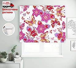 Римські штори з малюнком Кольорові метелики, квіти, листя яскравий рожевий | римські штори з принтом