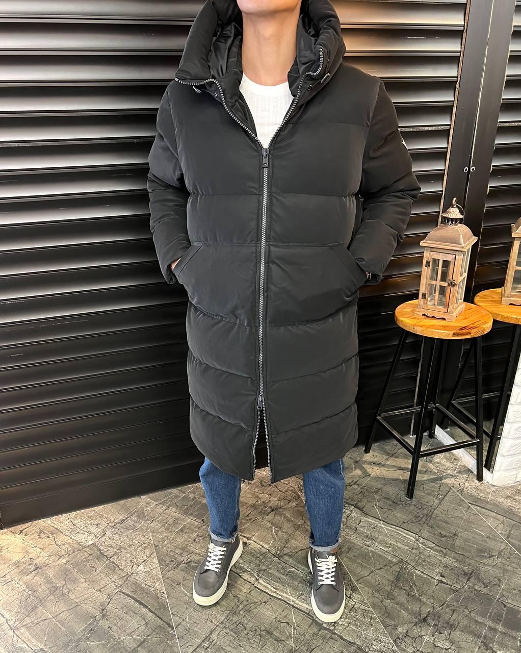 Куртка пуховик чоловіча зимова чорна шкіряна з капюшоном  Long down jacket