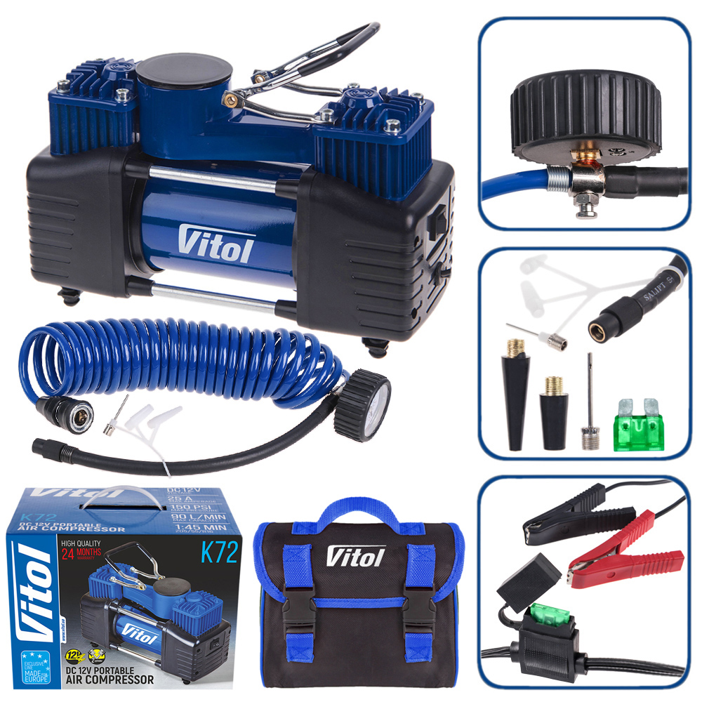 Компресор "ViTOL" К-72 150psi/25Amp /90л/2 циліндра /шланг 5,0м/клеми. Автокомпресор. Насос електричний