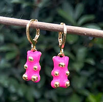 Дитячі сережки у вигляді мультяшного ведмедя, рожеві з золотом, розмір 1,6*1см, смола