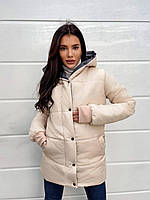 Жіноча пуховик зимовий плащівка S М L (42 44 46) куртка зимова демісезонна з поясом БЕЖЕВА