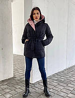 Женская зимний пуховик плащевка S М L (42 44 46) куртка зимняя демисезонная с поясом ЧЕРНАЯ M